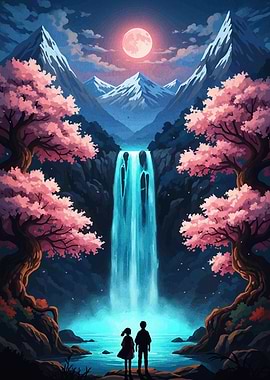 Waterfall, Cherry Blossoms, and Moonlight Serenity