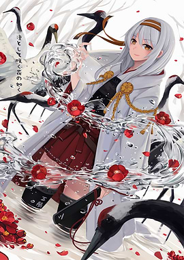 Anime Girl with Cranes and Camellias