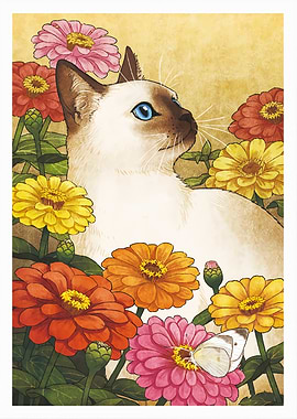 Siamese Cat Surrounded by Colorful Flowers