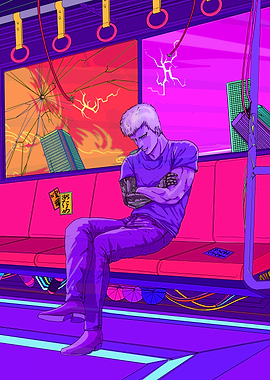 Cyberpunk man on a train