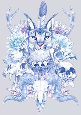 Caracal Shaman with Skulls and Flowers