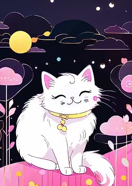 Cute White Cat in Dreamy Landscape