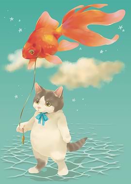Cat with Goldfish Balloon Illustration