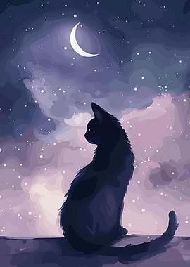 Black Cat Under Crescent Moon