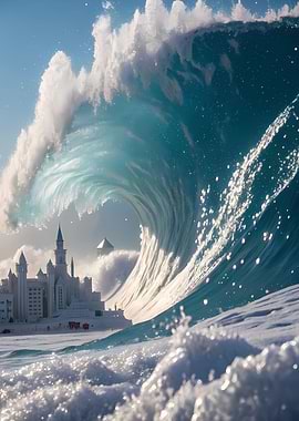 Giant Wave Overlooking a Snowy City