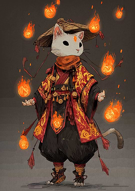 Mystical Cat Wizard with Fire Orbs