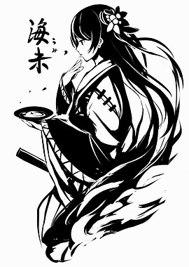 Monochrome Anime Girl with Tea