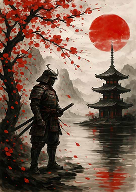 Samurai Warrior with Temple and Red Moon