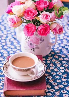 Tea, Roses, and a Book Still Life