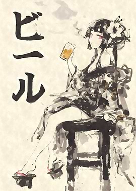 Anime Girl with Beer in Kimono Sumi-e