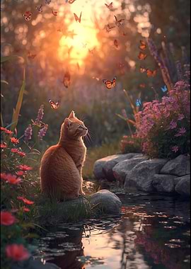 Curious Orange Cat by the Garden Pond