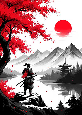 Samurai Landscape with Red Accents