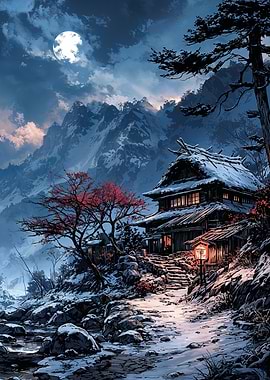 Snowy Japanese House Under Moonlight