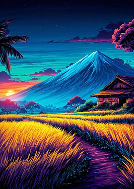 Japanese Landscape with Mountain and Field