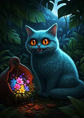 Blue Cat with Flowers in Jungle