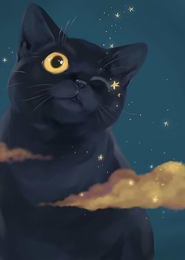 Dreamy Black Cat with Stars