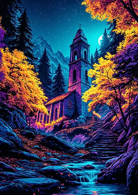 Church in a vibrant forest landscape