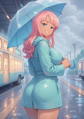 Anime Girl with Umbrella in the Rain