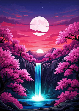Pink Cherry Blossom Waterfall Landscape