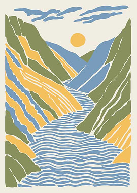 Abstract Mountain River Landscape Illustration
