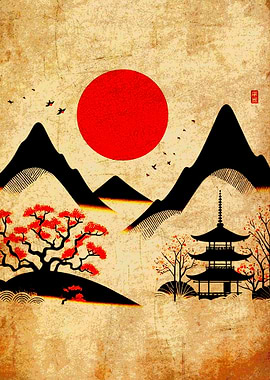 Japanese Landscape with Pagoda and Sun