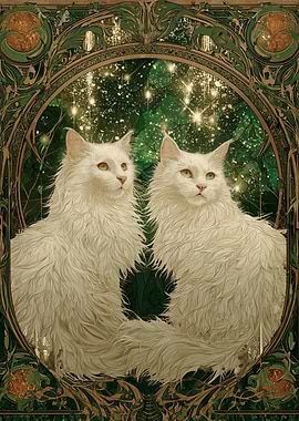Enchanted White Cats – Art Nouveau Forest Glow Poster