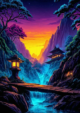 Japanese landscape with temple and waterfall