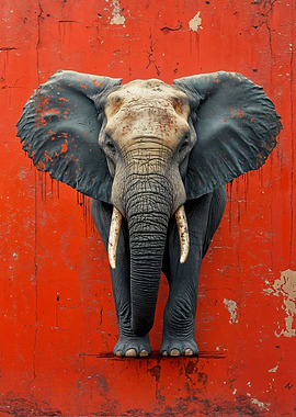 Elephant on Red Wall