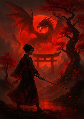 Samurai, Dragon, and Torii Gate in Red