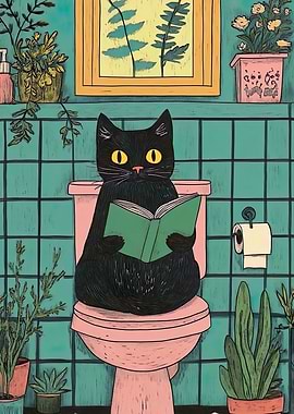 Cat Reading on Toilet Art