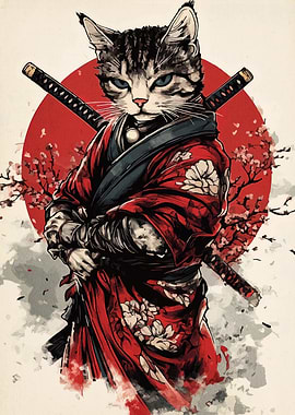 Samurai Cat with Crossed Swords