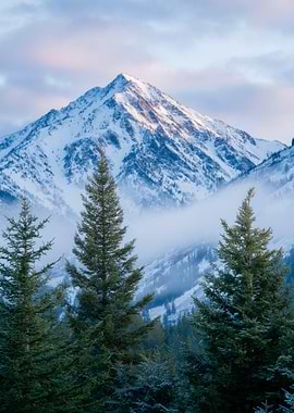 Snowy Mountain Peak with Trees Nature