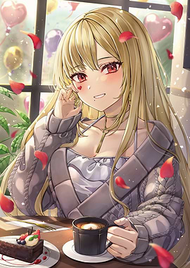 Anime Girl with Coffee and Cake
