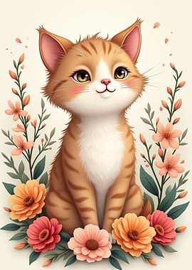 Cute Cartoon Cat with Flowers