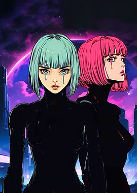 Cyberpunk Girls with Tears in Futuristic City