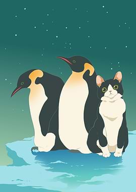 Penguins and Cat on Iceberg
