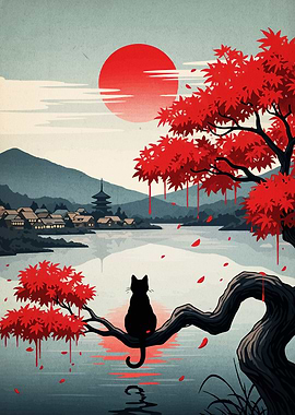 Japanese Landscape with Black Cat