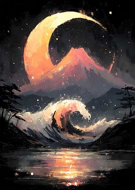 Japanese Landscape with Wave and Moon
