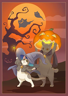 Halloween Cats with Pumpkin and Ghosts