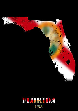 Florida USA state Topographic Contour Relief Map blending terrain features into its emblematic colorful flag