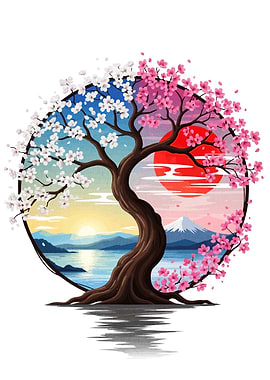 Cherry Blossom Tree with Japanese Landscape