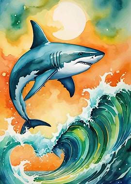 Watercolor Shark Leaping Over Wave