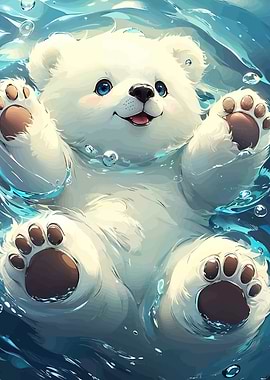 Cute Polar Bear Swimming Water