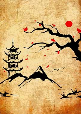 Japanese Landscape with Pagoda and Mountain