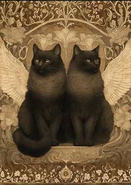 Winged Black Cats – Sepia Art Nouveau Fantasy Poster