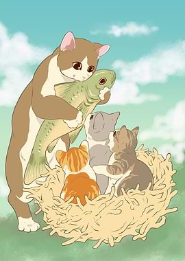 Cat family with fish illustration
