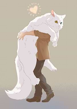 Man Carrying a Large White Cat