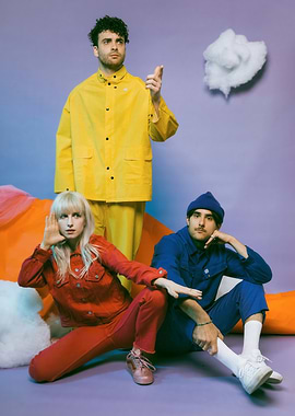 Paramore band members in colorful outfits