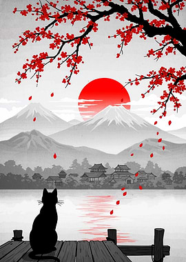 Japanese Landscape with Cat and Cherry Blossoms