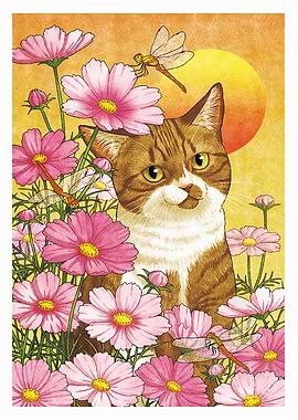 Cat in Cosmos Flower Garden